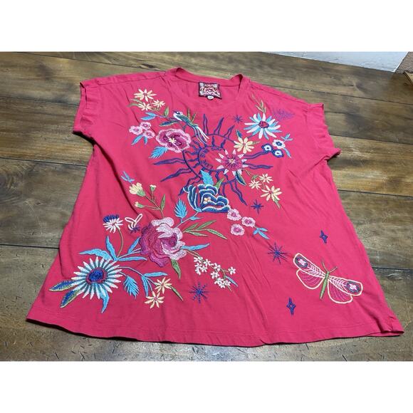 Johnny Was Arla Small Embroidered Cotton Top Pink Live By The Sun T Shirt - Picture 1 of 11